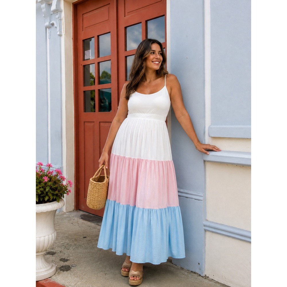 Torrid 1X Colorblock Maxi Dress L White Pink Blue Tiered Braided Strap Pocket